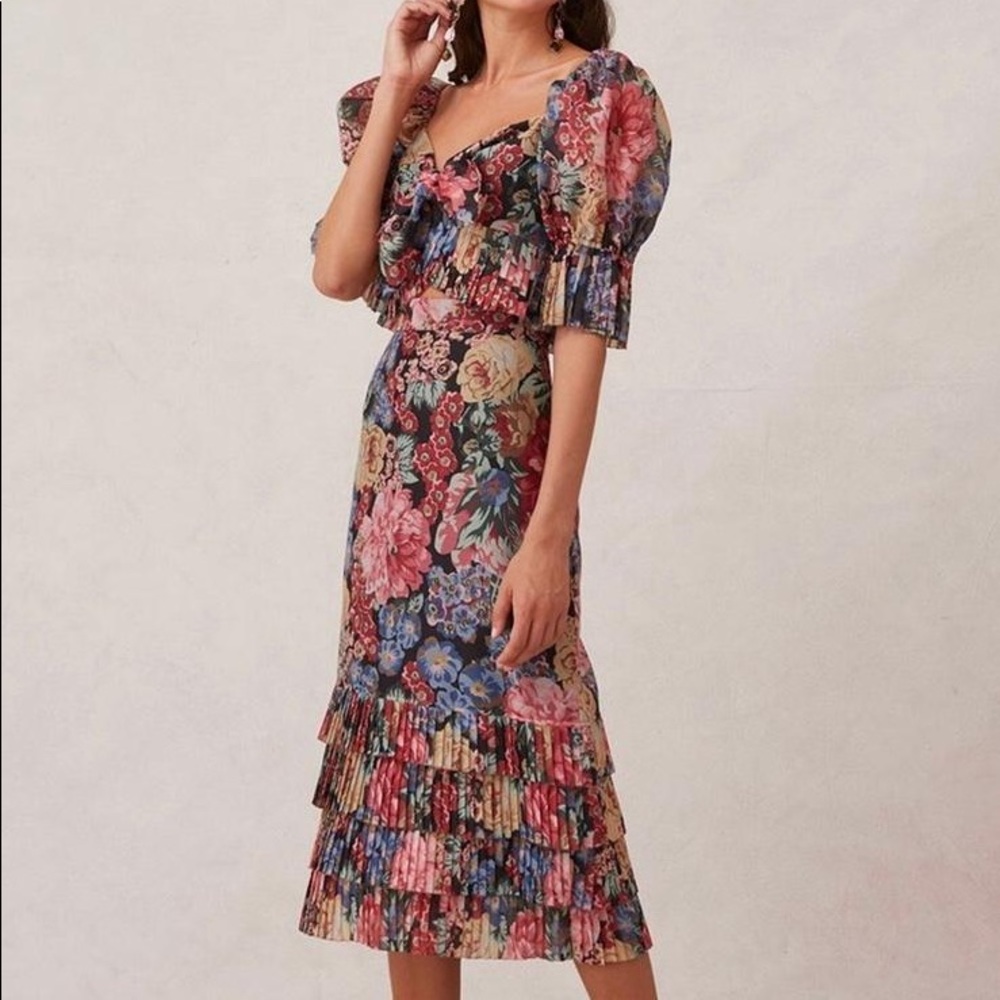 KEEPSAKE the Label Floral Midi Dress in Black with Pink, Blue & Green